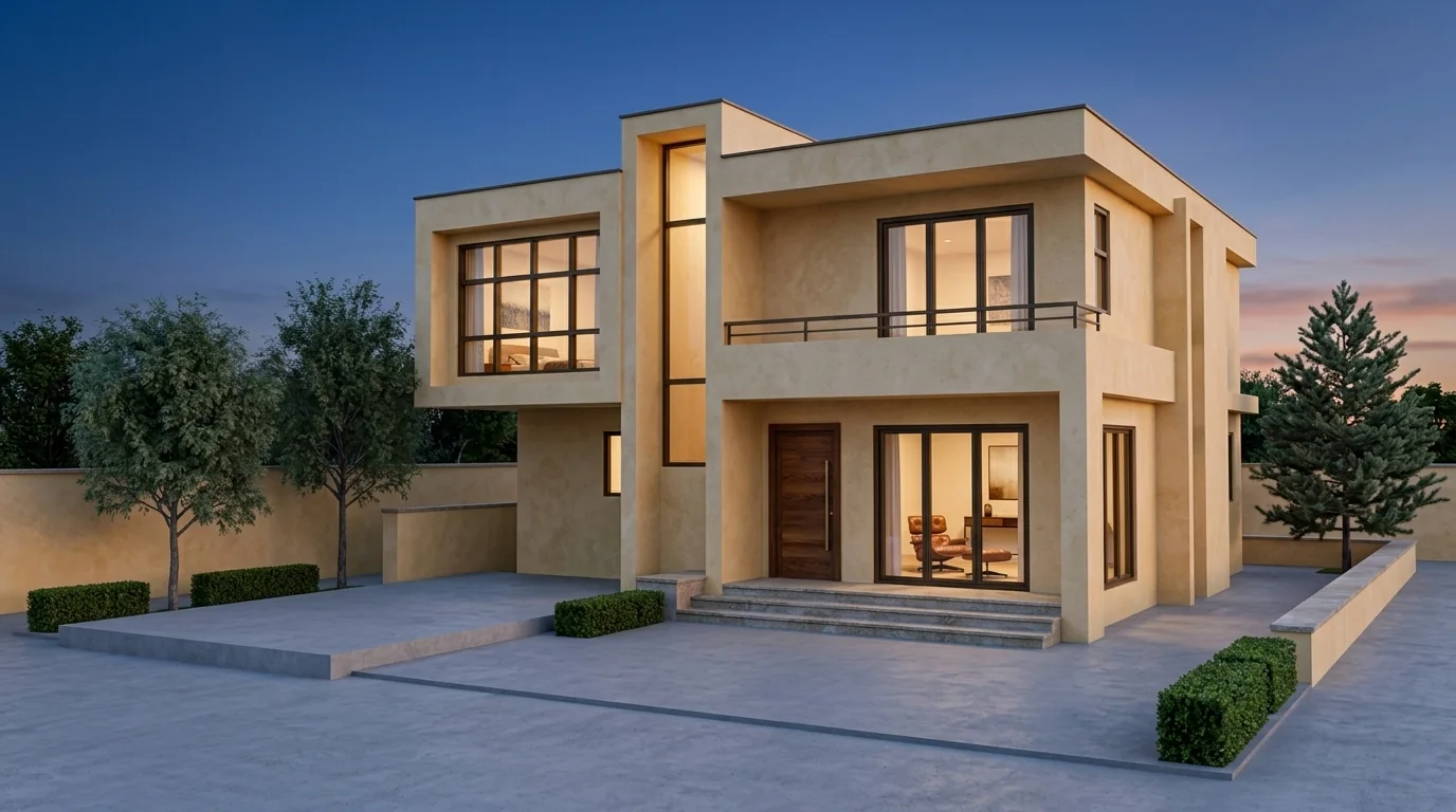 The same house rendered by AI as a photorealistic twilight visualization with a warm plaster facade, bronze window frames, glowing interior lights, real landscaping and a deep dusk sky, the building form kept exactly