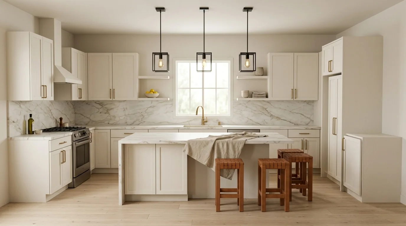 The same kitchen rendered photorealistically by AI with shaker cabinets, a Calacatta marble island and backsplash, brass hardware, woven leather stools, black pendant lights and warm morning daylight, the exact same layout and camera preserved
