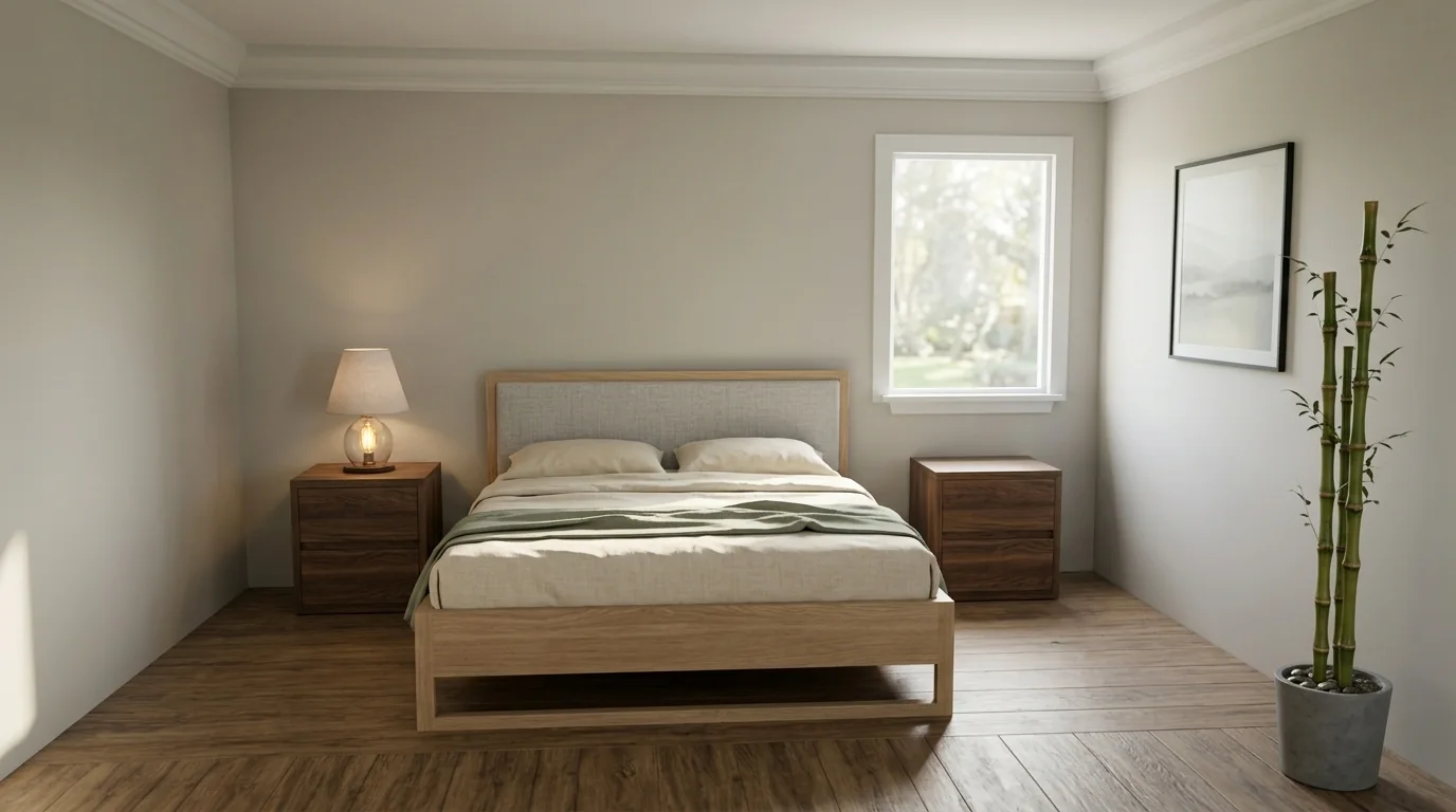 The same bedroom rendered by AI as a calm photorealistic space with greige walls, an oak bed with layered linen bedding, walnut nightstands with warm lamps and soft morning daylight casting long soft shadows