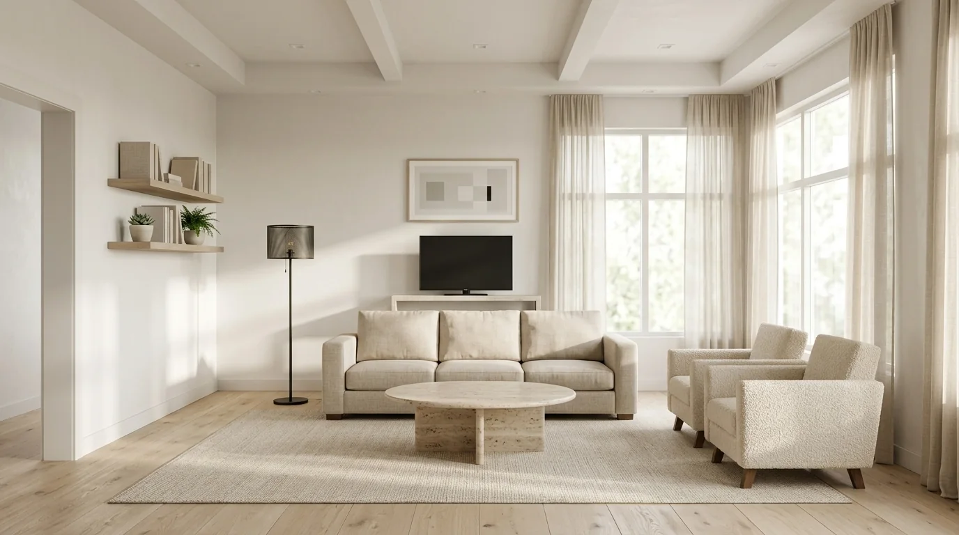 The same living room rendered photorealistically by AI with a linen sofa, travertine coffee table, boucle chairs, oak floor and soft daylight through sheer curtains, the exact same layout and camera angle preserved
