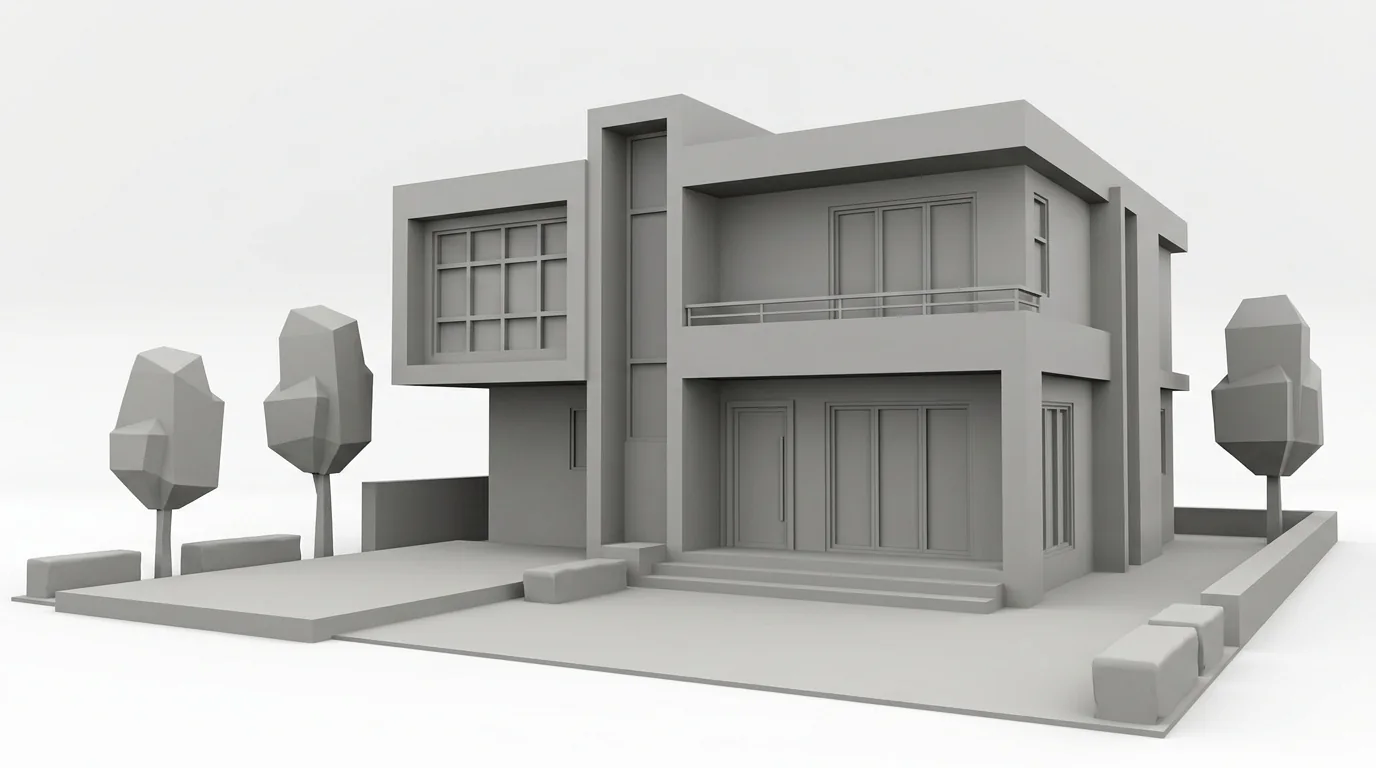 A grey clay render of a modern two-story house, everything a single matte grey material with no textures or color, an architectural massing study on a plain background