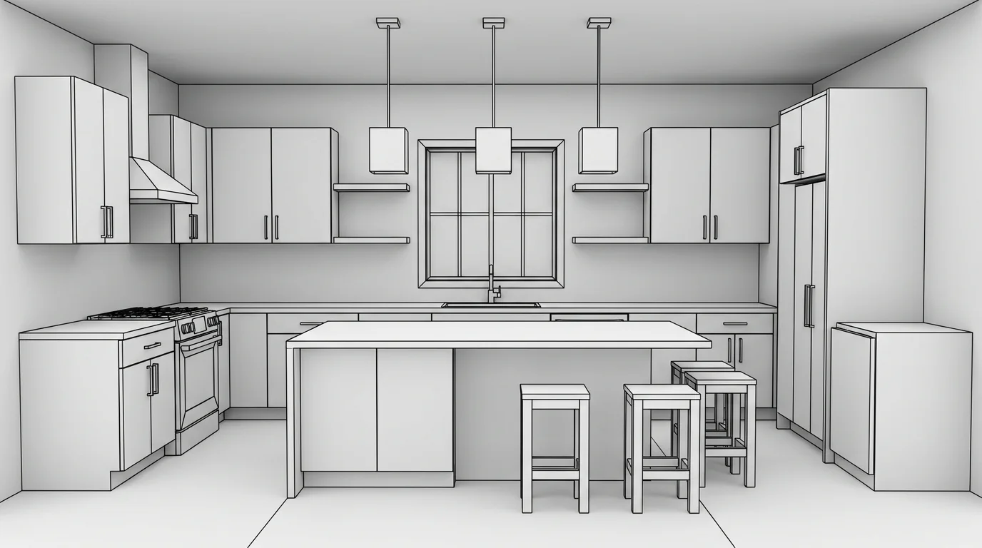 A raw untextured SketchUp 3D model of a kitchen in flat white and grey with black edge lines, showing cabinet runs, an island, bar stools and pendant lights, with no materials or lighting
