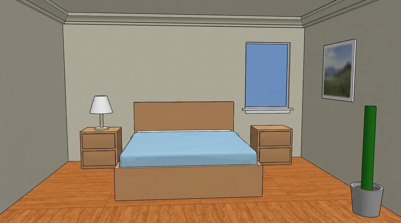 A rough amateur 3D draft render of a bedroom with flat plasticky materials, muddy grey lighting and hard unrealistic shadows, an unfinished low-quality render