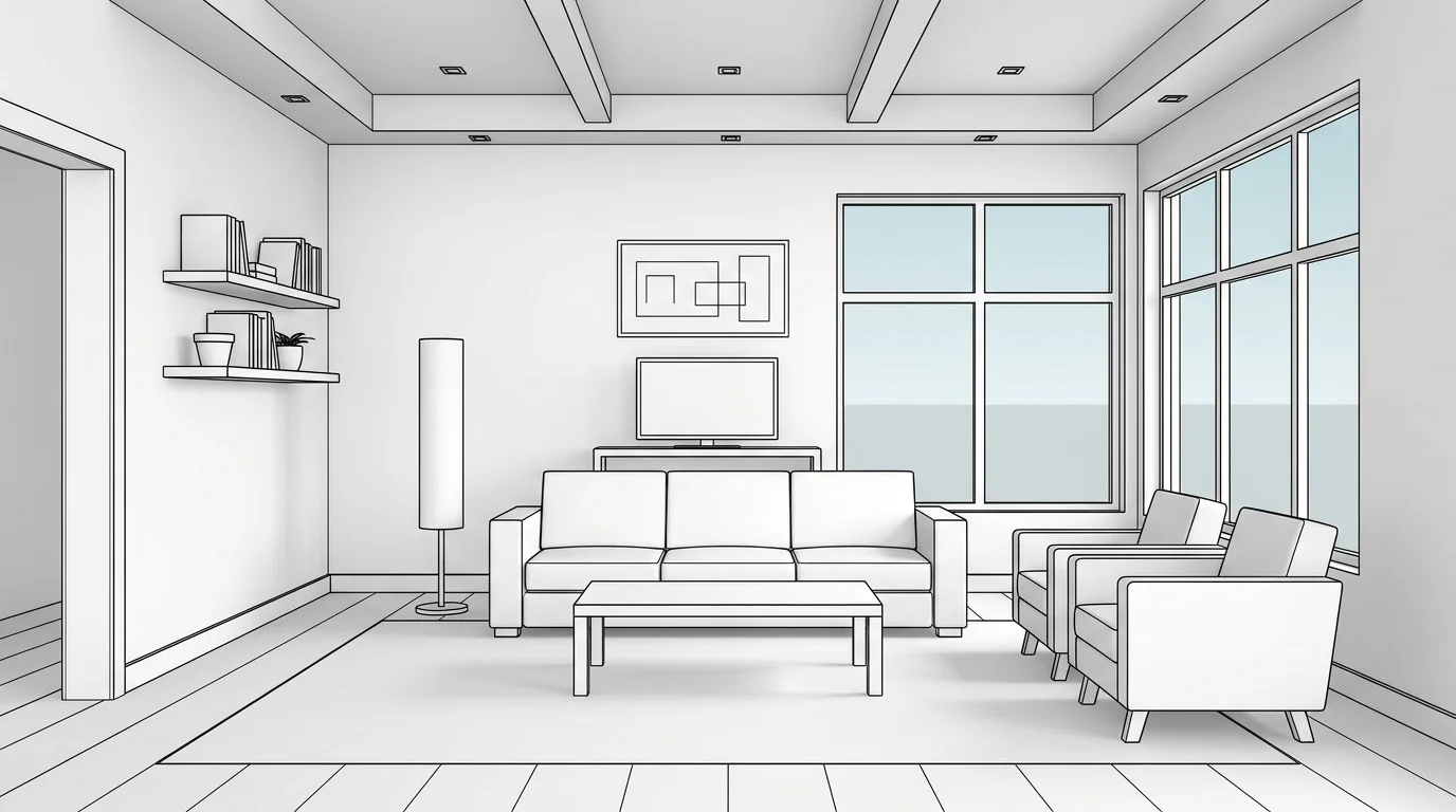 A raw untextured SketchUp 3D model of a living room shown in flat white and grey with black edge lines, no materials or lighting, the kind of viewport screenshot you would upload