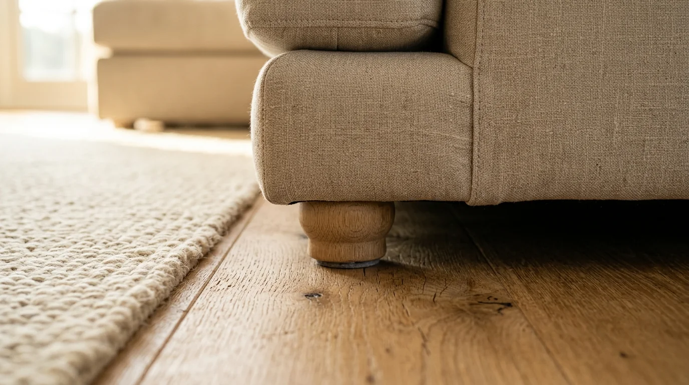 An extreme close-up of a rendered interior showing a soft contact shadow where a sofa leg meets a wide oak floorboard, visible linen weave and wood grain micro-texture, and gentle ambient occlusion, demonstrating realistic light and shadow detail