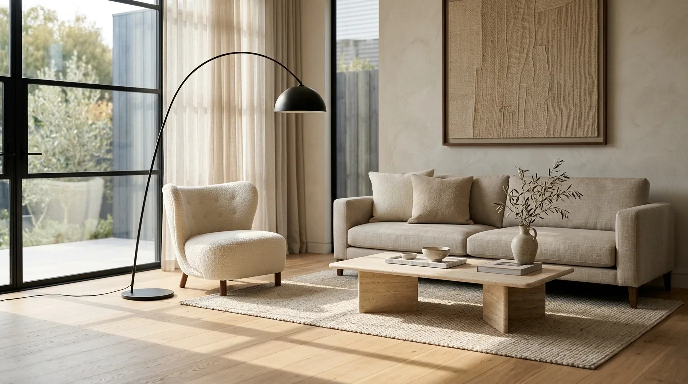 A photorealistic AI render of a modern living room with a white oak floor, oatmeal linen sofa, travertine coffee table, boucle chair and long golden shadows, generated from a flat 3D model in about 20 seconds