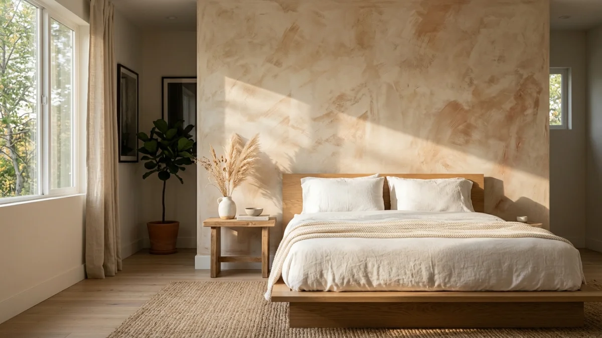 Bedroom with warm clay limewash accent wall behind a low platform bed showing natural plaster texture variation and warm afternoon light
