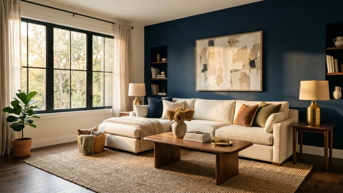 Modern living room with deep navy accent wall behind a cream sofa, warm oak floors, brass pendant light, and terracotta throw pillows