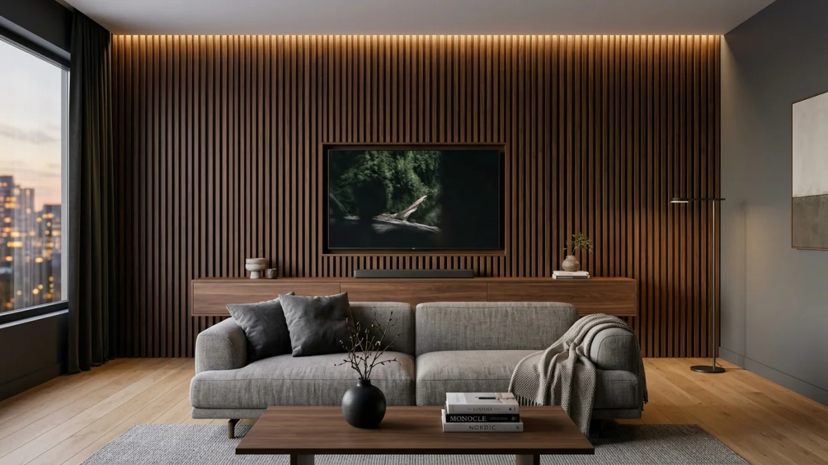 Living room with vertical walnut wood slat accent wall behind a mounted TV and floating media console with warm ambient lighting