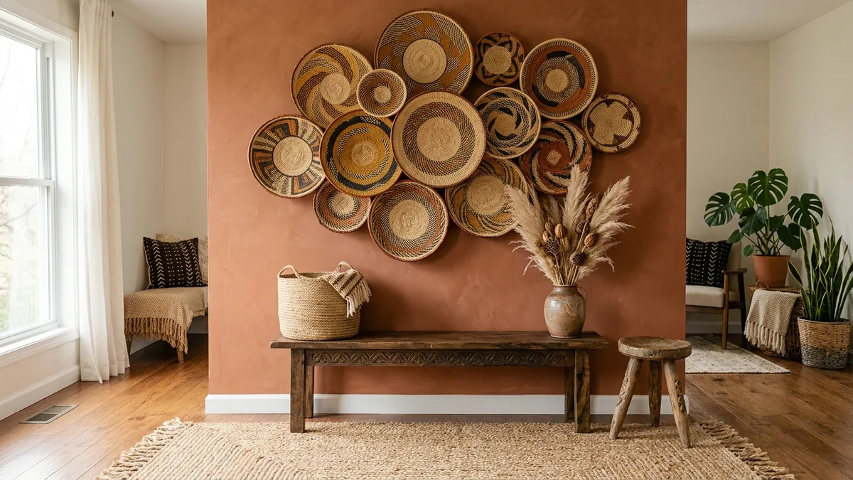 Afrohemian feature wall of about fifteen overlapping woven Tonga and Bolga baskets in natural straw, ochre and black patterns on a terracotta limewash wall, above a carved wood bench with a jute basket and dried pampas