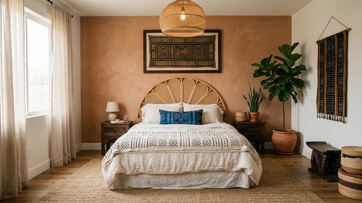 Afrohemian bedroom with a rattan fan headboard, terracotta accent wall, framed mudcloth art, white linen bedding with a mudcloth throw and indigo cushion, carved wood nightstands, a woven pendant, and a jute rug