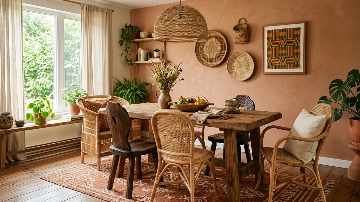 Afrohemian dining nook with a carved wood table, mixed rattan and wood chairs, a large woven seagrass dome pendant, a terracotta wall with baskets and a framed Kente textile, and dried grasses in a ceramic vessel