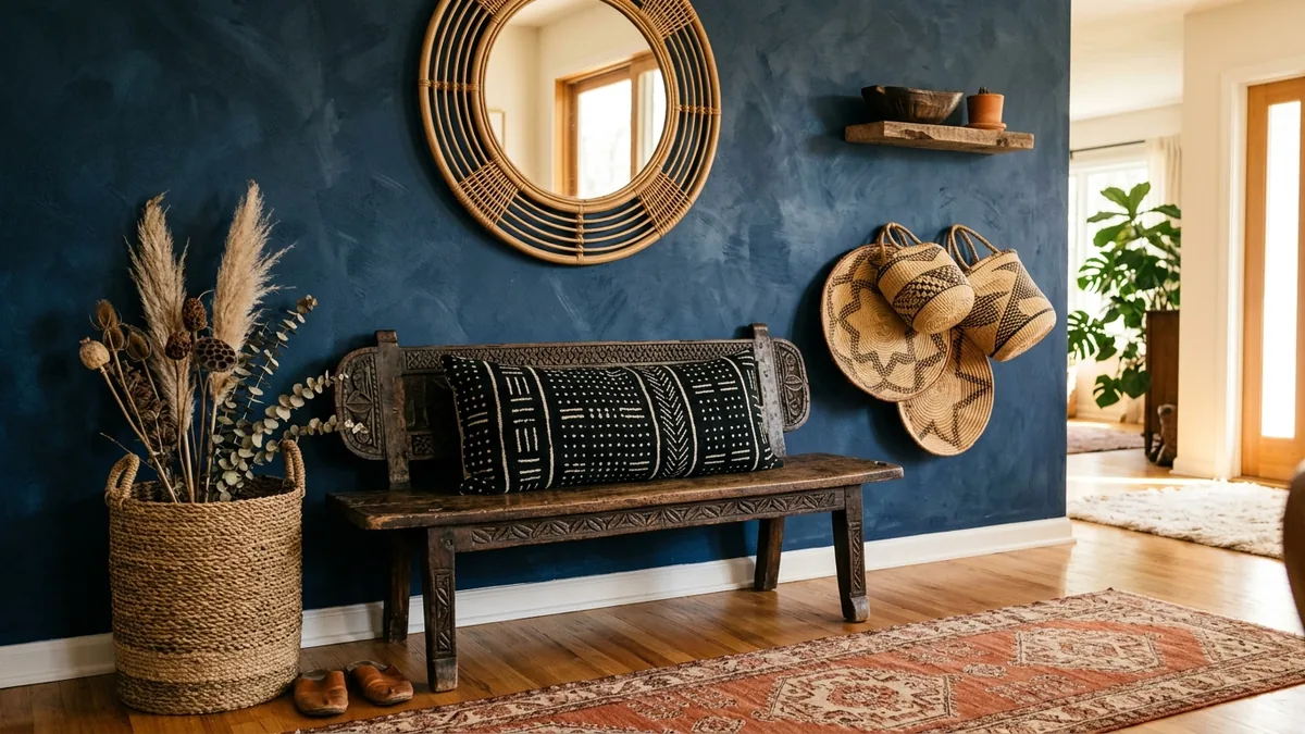 Afrohemian entryway with a carved wood bench against a deep indigo wall, a mudcloth cushion, a tall woven floor basket with dried stems, a round rattan mirror, a small basket cluster, and a terracotta runner rug