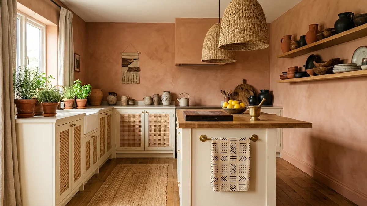 Earthy Afrohemian kitchen with terracotta limewash walls, cream cabinets with woven cane fronts, open shelves of terracotta and black clay pottery, woven seagrass pendants, a jute runner, and potted herbs