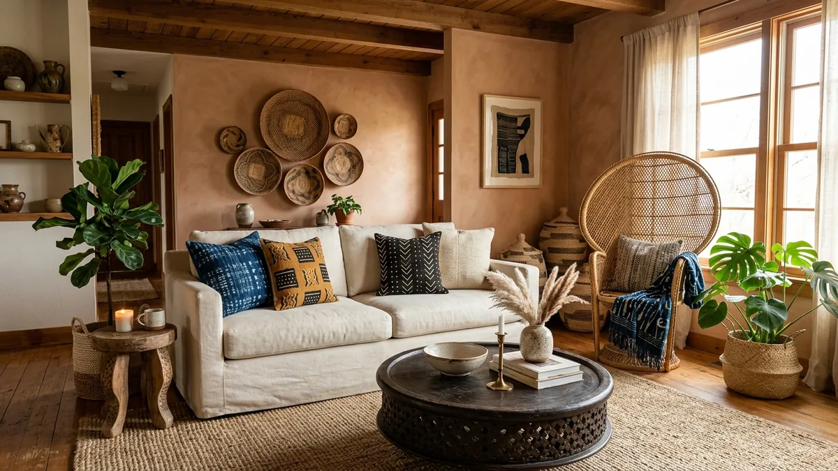 Afrohemian living room with a warm terracotta wall, cream sofa layered with indigo Adire and black-and-white mudcloth cushions, a rattan peacock chair, woven baskets, a jute rug, and greenery