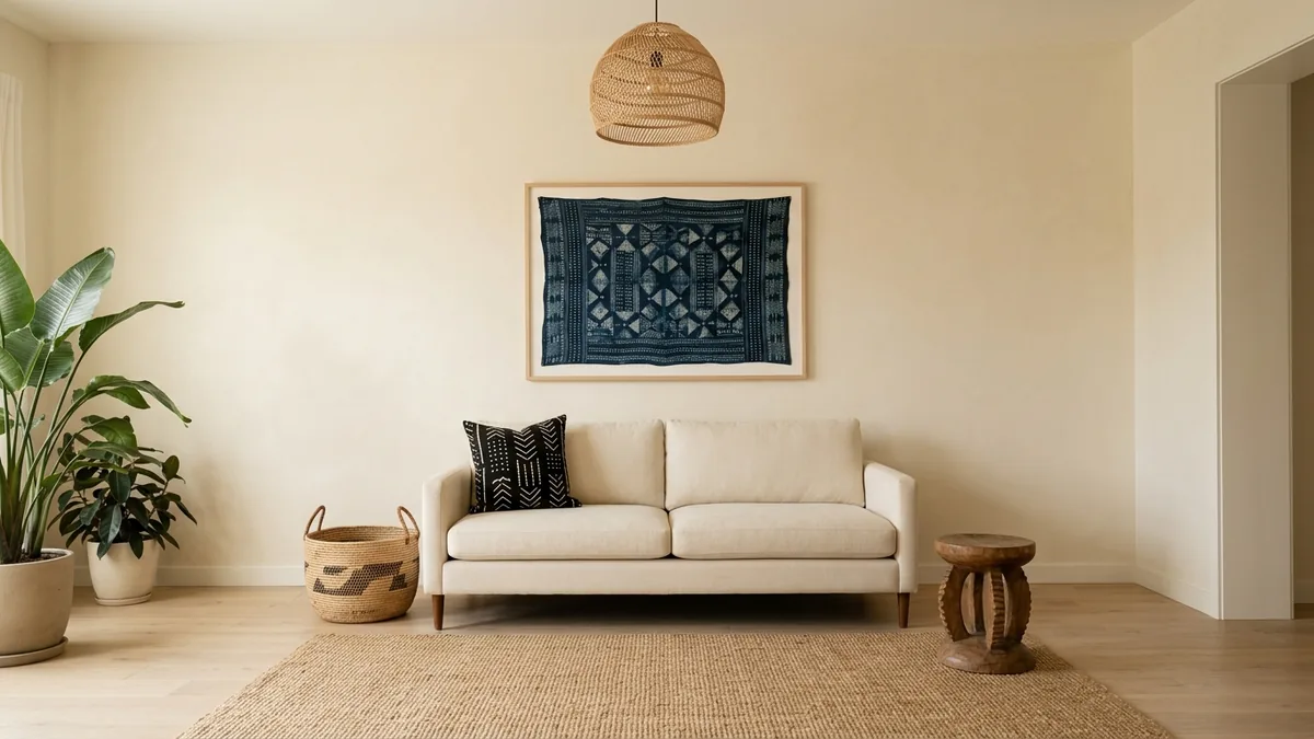 A restrained, modern-minimal Afrohemian living room with a simple cream sofa, one framed indigo Adire textile as art, a single mudcloth cushion, one woven basket, a jute rug, a rattan pendant, a carved stool, and one large plant
