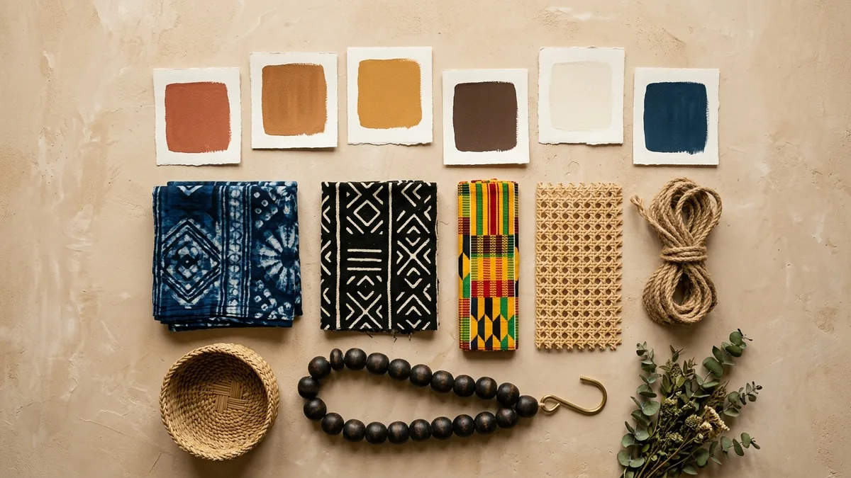 Afrohemian 2026 color palette flat-lay with terracotta, raw sienna, ochre, chocolate brown, cream, and indigo swatches, plus Adire fabric, mudcloth, Kente, rattan cane, jute rope, and a woven basket
