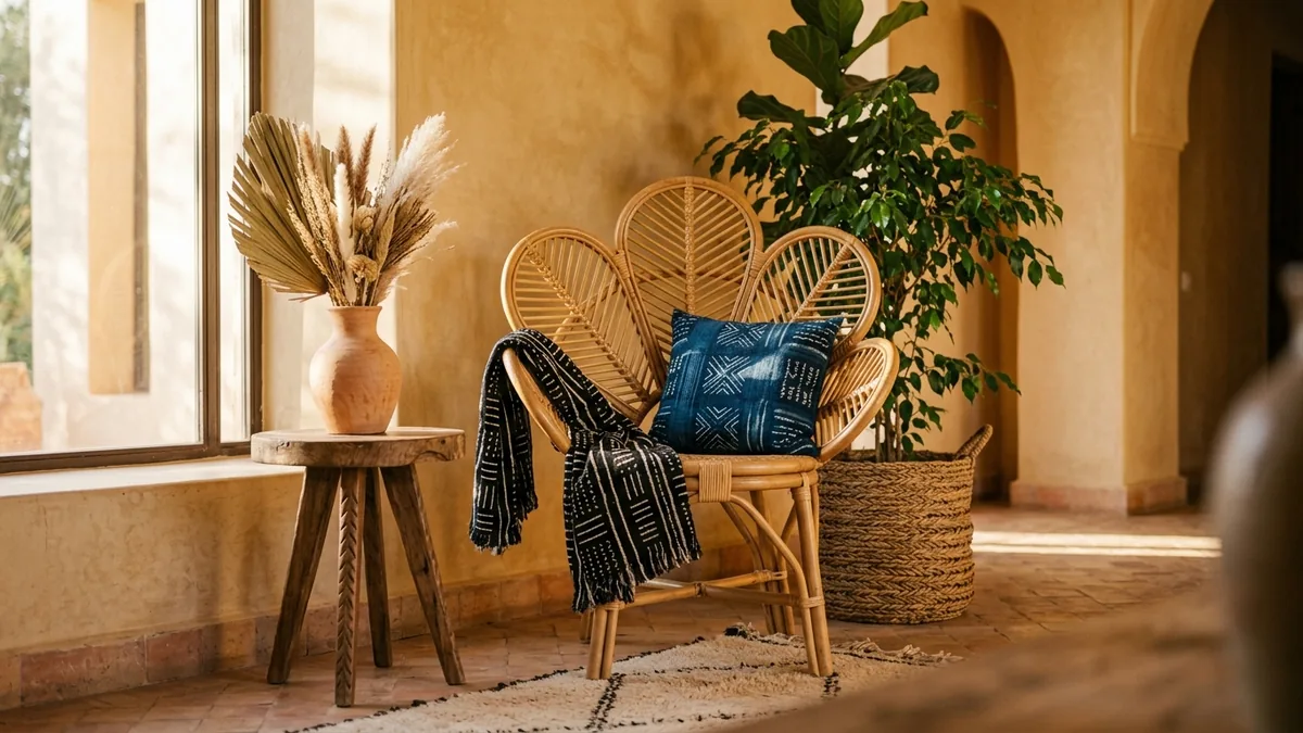 A single Afrohemian statement piece: a sculptural rattan peacock chair draped with a mudcloth throw and an indigo Adire cushion, beside a carved wood tripod table with terracotta pottery, against a warm ochre wall in golden light