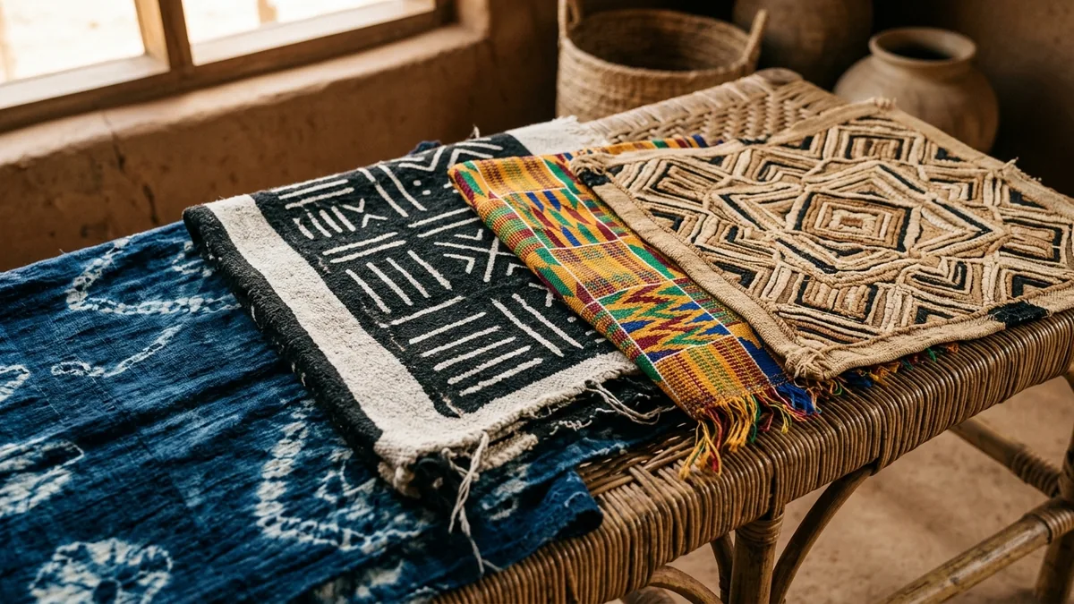 Close-up of Afrohemian textiles layered on a rattan bench: indigo Adire resist-dye cloth, black-and-white Malian mudcloth, a vibrant Ghanaian Kente strip, and a Kuba cloth square with raised geometric embroidery