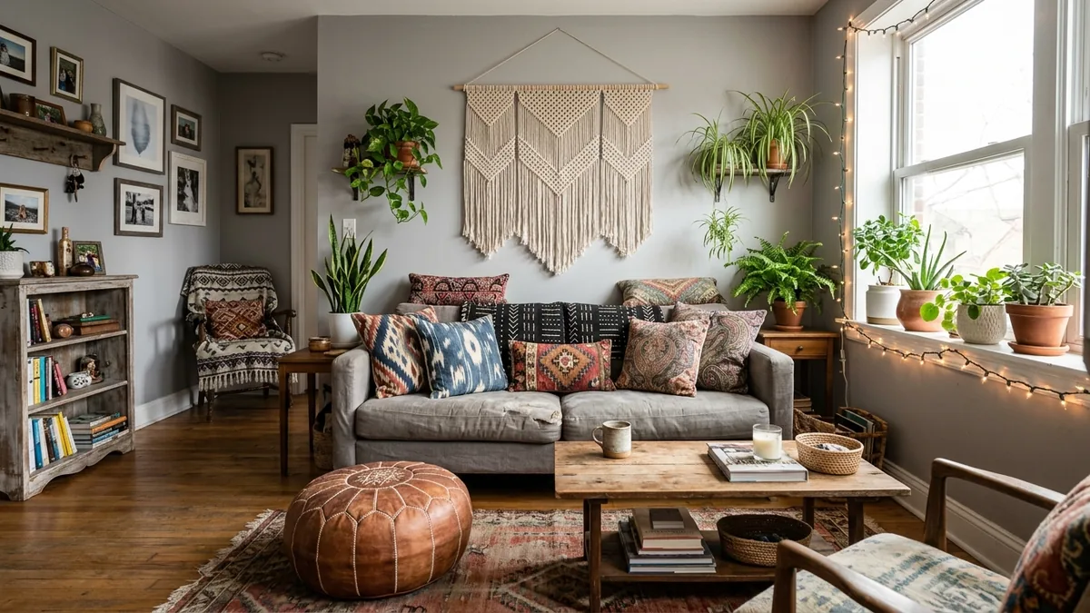 Dated mid-2010s bohemian living room with a macrame wall hanging, leather pouffe, string lights, cool grey walls, and a jumble of mismatched throw pillows