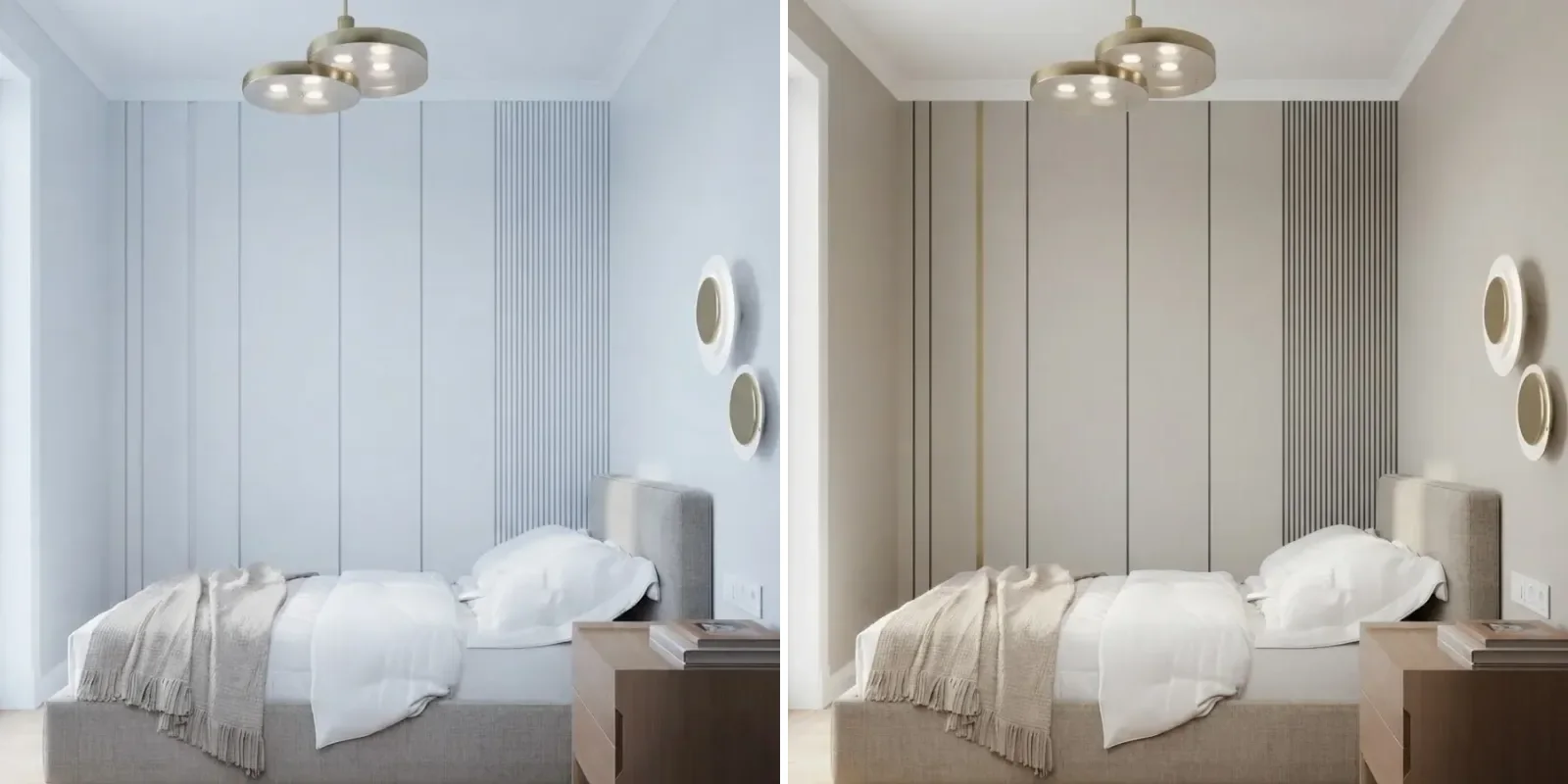 Small bedroom with vertical wall panelling and brass wall lights shown twice, left in cold white and right with the panelled wall in Agreeable Gray