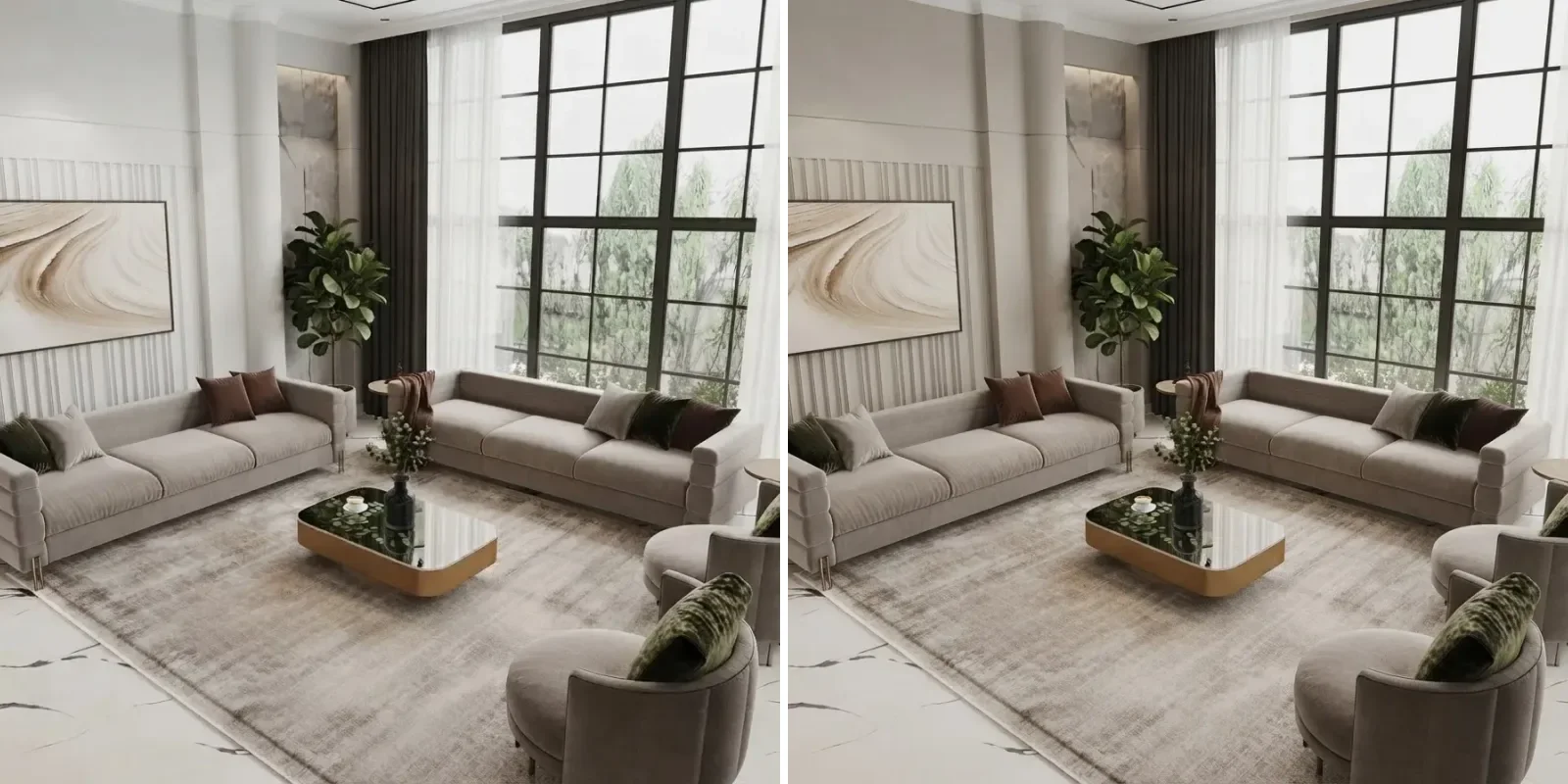 Large living room with two grey velvet sofas and floor to ceiling windows shown twice, left with cold builder white walls and right with the same walls in Agreeable Gray