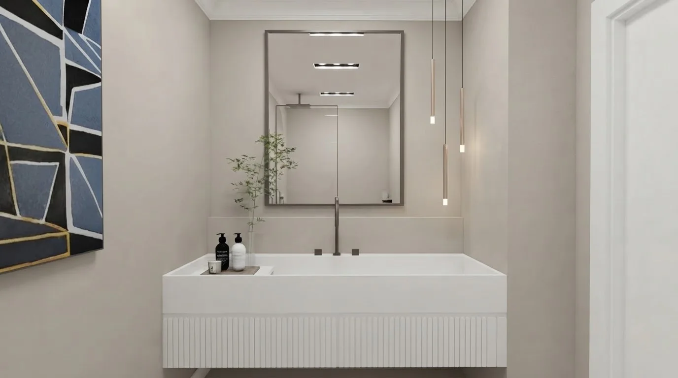 Bathroom with a fluted white bathtub, a slim mirror and a small plant, painted walls in Agreeable Gray above the tub