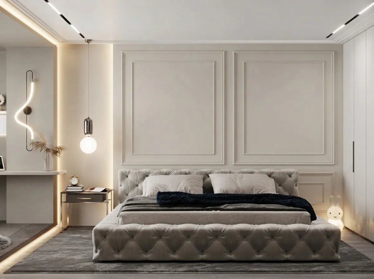 Bedroom with a tufted grey headboard, panel moulding on the wall and a small brass pendant, walls in Agreeable Gray