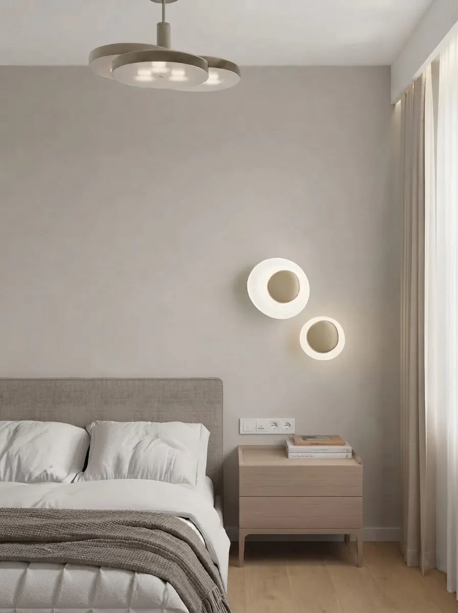Minimal bedroom with a low upholstered bed, two round wall lights and vertical panelling behind the bed, walls in Agreeable Gray
