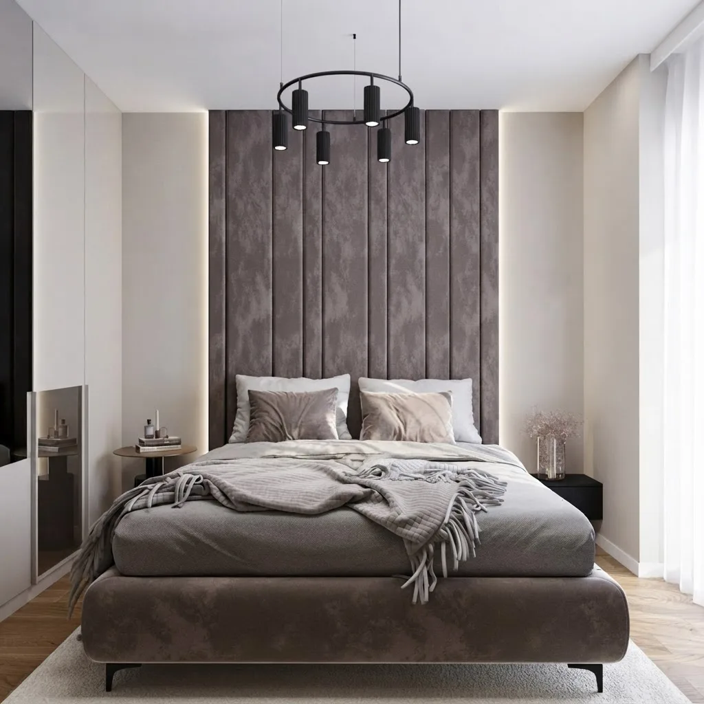 Bedroom with a dark padded headboard wall, black pendant lights and a grey throw, walls in Agreeable Gray