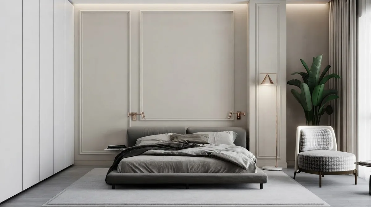 Bedroom with panel moulding, a plant in the corner and a grey linen bed, walls in Agreeable Gray with white trim
