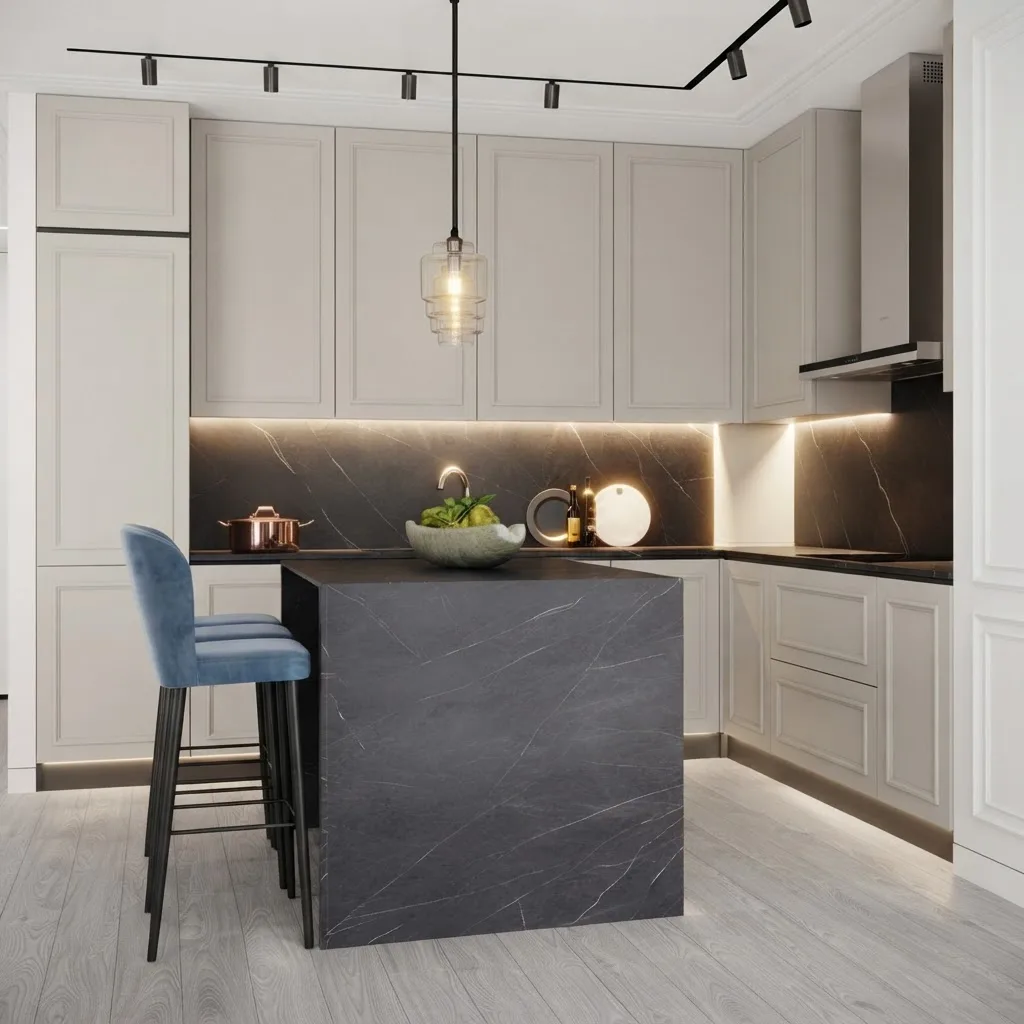Kitchen with shaker cabinets painted Agreeable Gray, a dark stone island with navy velvet stools and soft white walls