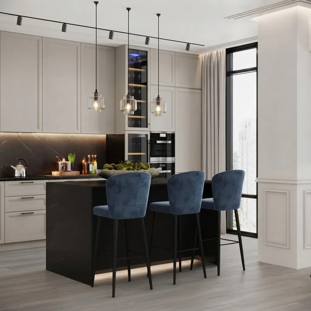 Corner of a kitchen with Agreeable Gray cabinet doors, a dark marble backsplash and brass pendant lights over the island
