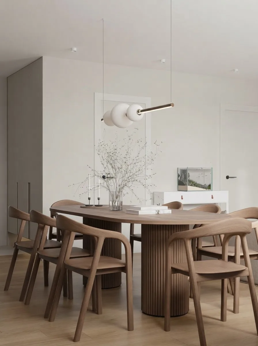 Dining room with a round oak table, bentwood chairs and a globe pendant, walls in Agreeable Gray with white door