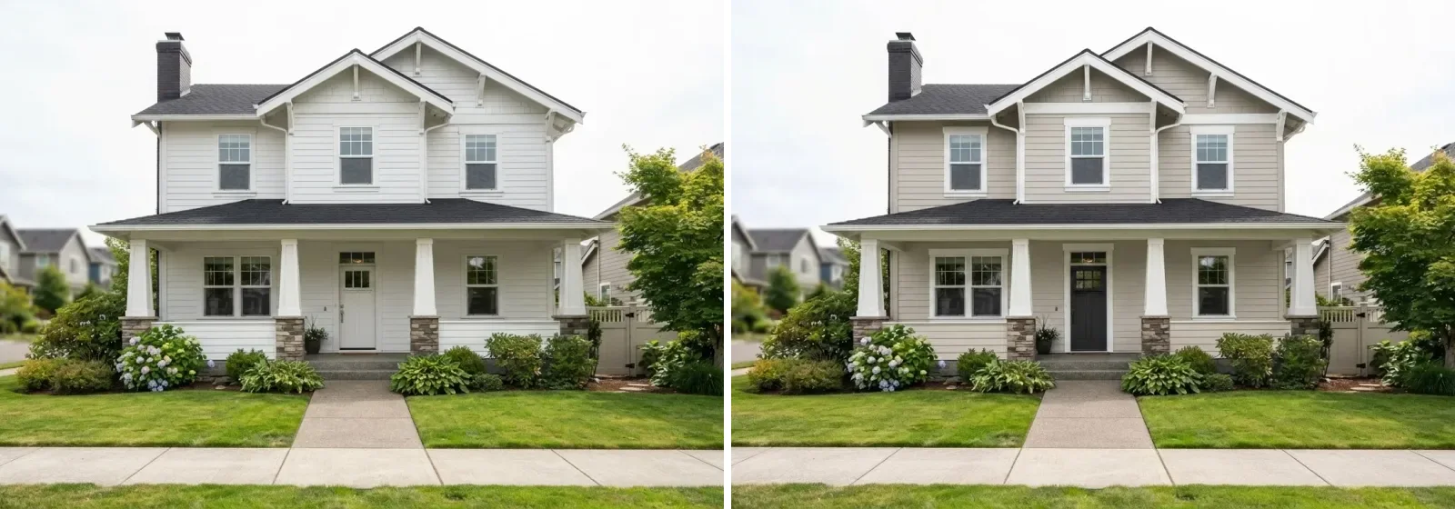 Two-storey craftsman house with a covered porch shown twice, left with plain white lap siding and right with the siding in Agreeable Gray, Pure White trim and a dark front door