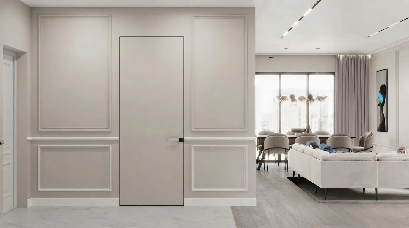 Entry hall with a white panelled front door, a slim console and a view through to the living room, walls in Agreeable Gray
