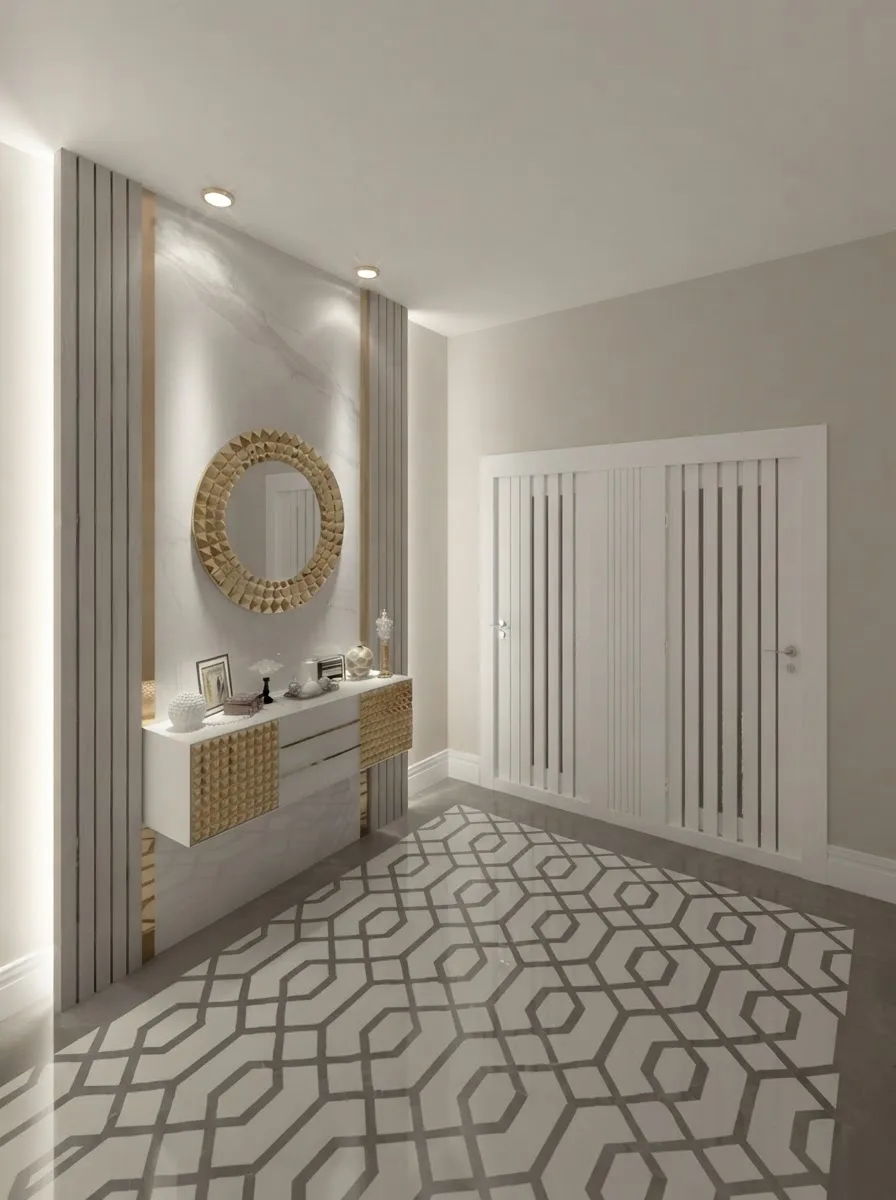 Hallway with a round sunburst mirror over a slim white console and a patterned floor, walls in Agreeable Gray