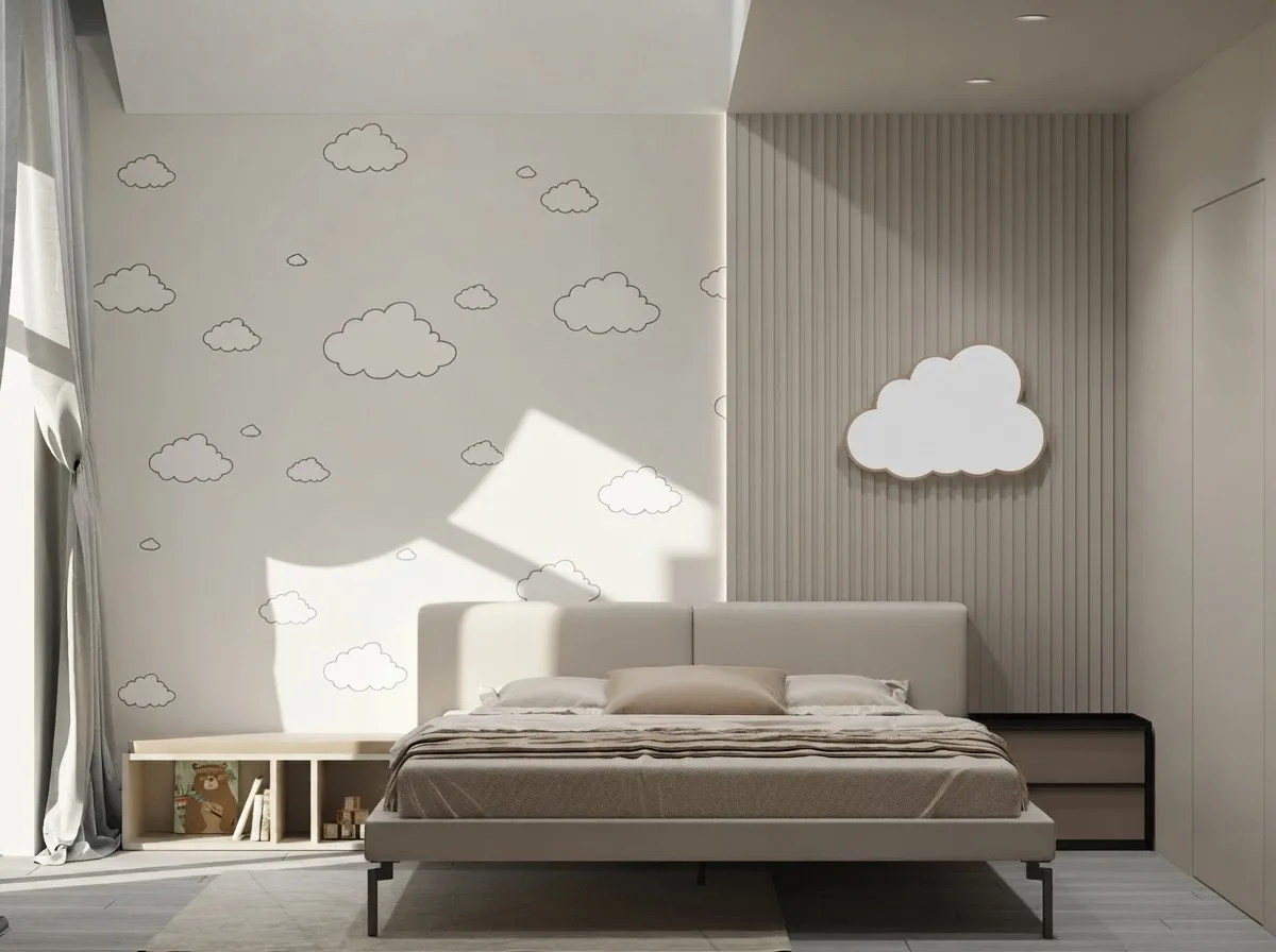 Attic child's bedroom with a low bed, a cloud shaped wall light and a skylight, sloped walls in Agreeable Gray