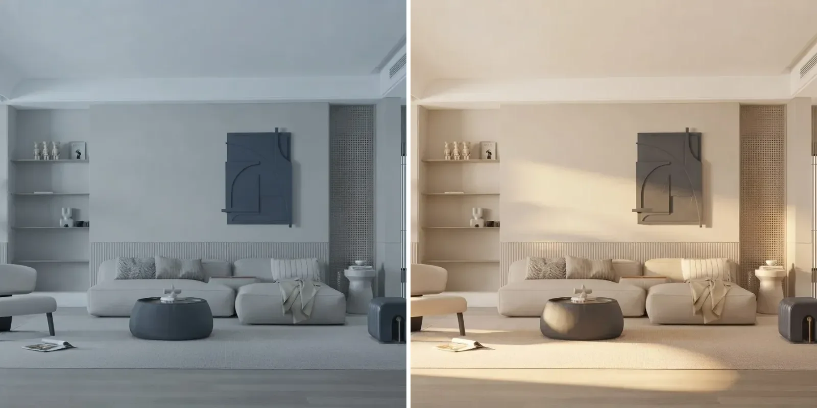 The same Agreeable Gray living room shown twice, left in cool overcast north light where the walls read putty gray and right in warm morning south light where they read beige