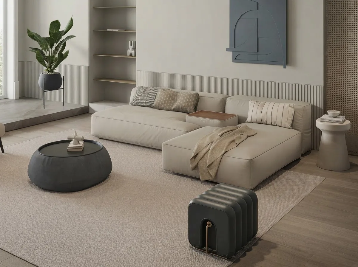 Living room with a low cream sectional, a dark round ottoman and open shelves, walls in Agreeable Gray with white trim