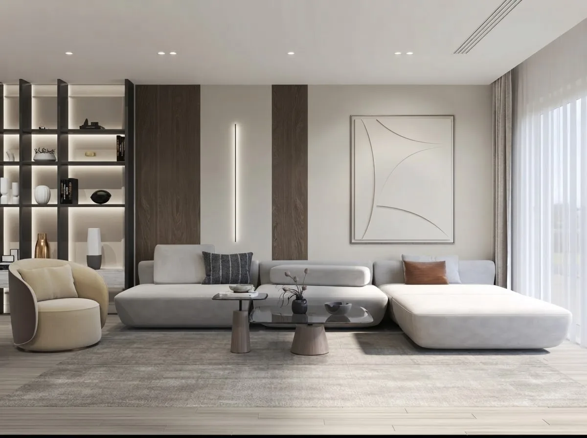 Contemporary living room with a light modular sofa, dark built in shelving and sheer curtains, walls in Agreeable Gray