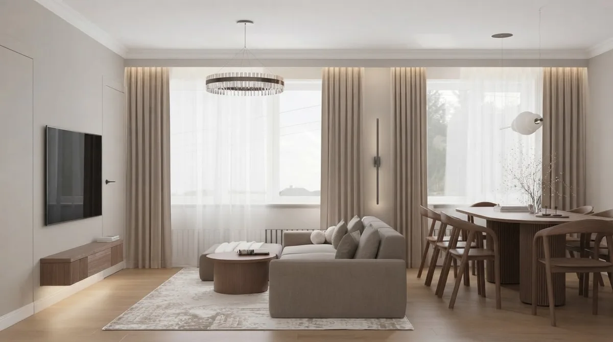 Open plan living and dining room with a cream sofa, a wooden dining table and a ring chandelier, walls in Agreeable Gray