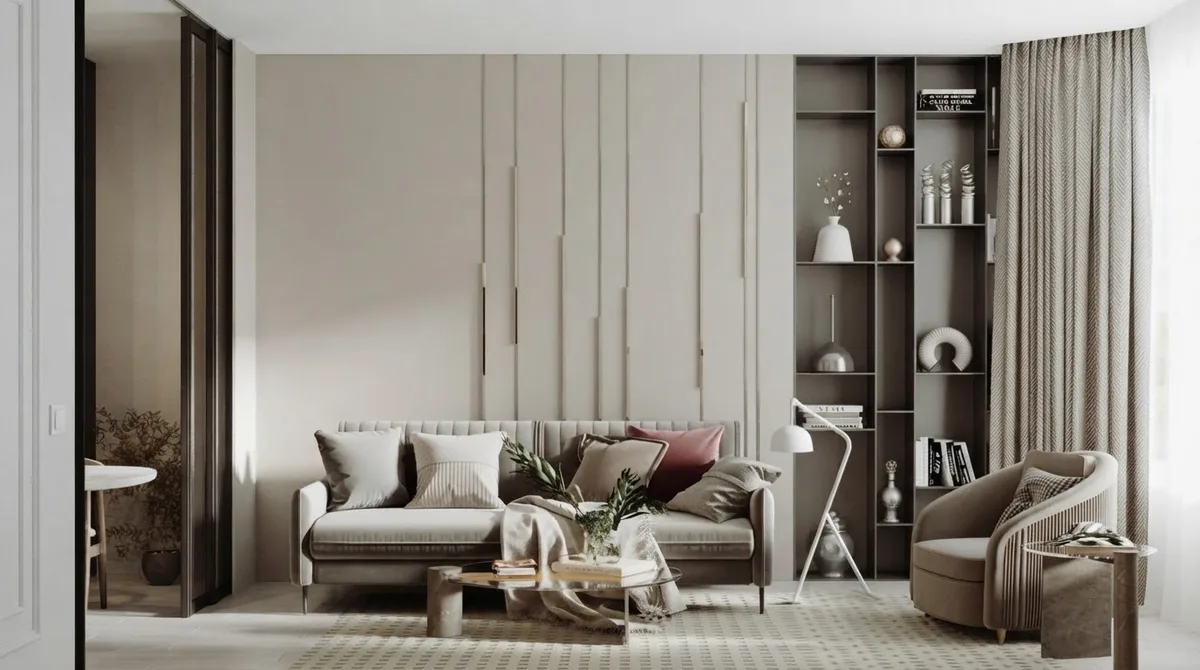 Living room with a beige sofa, a tall bookshelf wall and sheer curtains, walls in Agreeable Gray