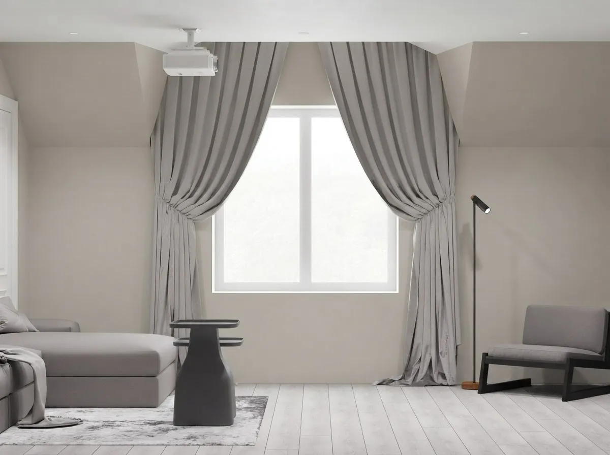 Attic living room with heavy grey curtains, a grey sofa and a dormer window, sloped walls in Agreeable Gray