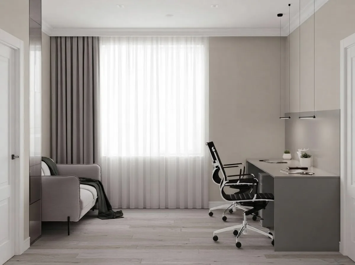 Home office with a white desk, an ergonomic chair and floor to ceiling curtains, walls in Agreeable Gray