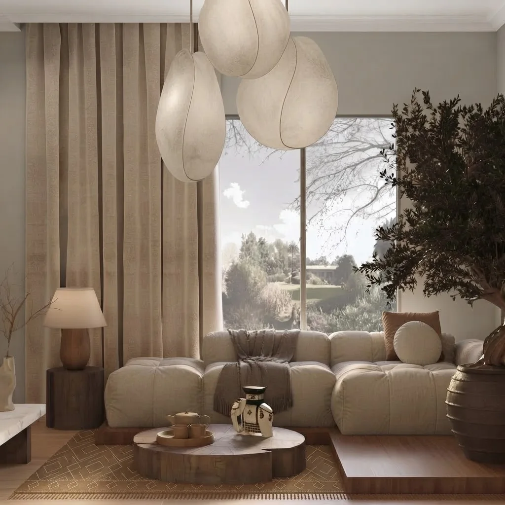 Warm minimalist living room with a low bouclé sofa, paper pendant lights and a large window with sheer curtains, walls in Agreeable Gray