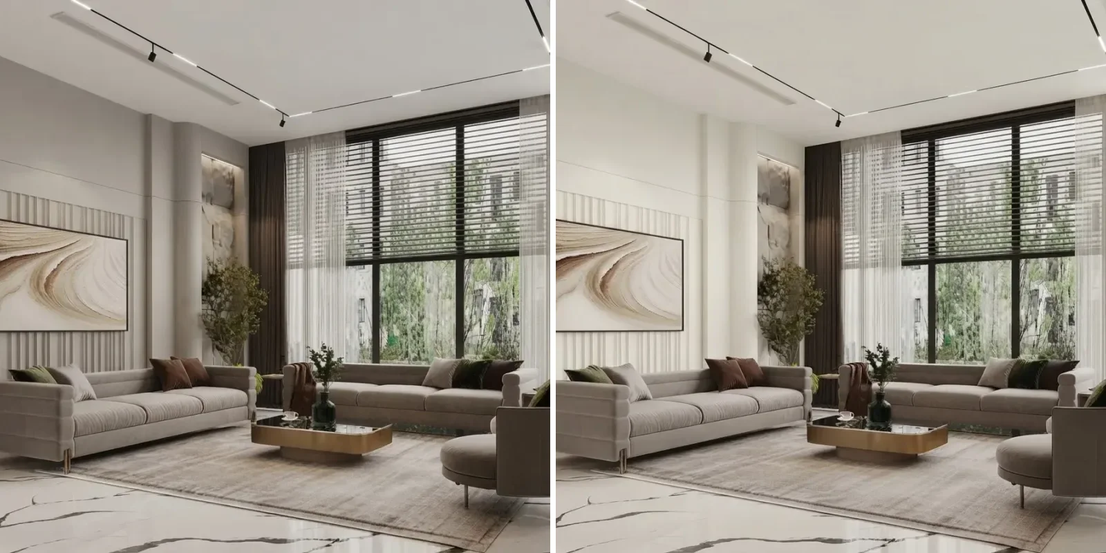 Tall living room with sheer curtains and two long sofas shown twice, left with Agreeable Gray walls and right with Alabaster walls