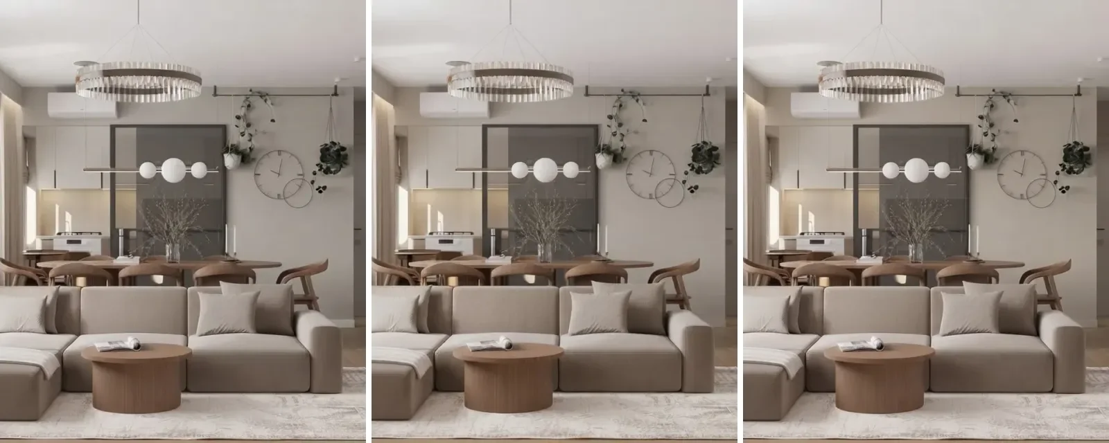 One open plan living and dining room shown three times side by side with walls in Repose Gray, Agreeable Gray and Accessible Beige