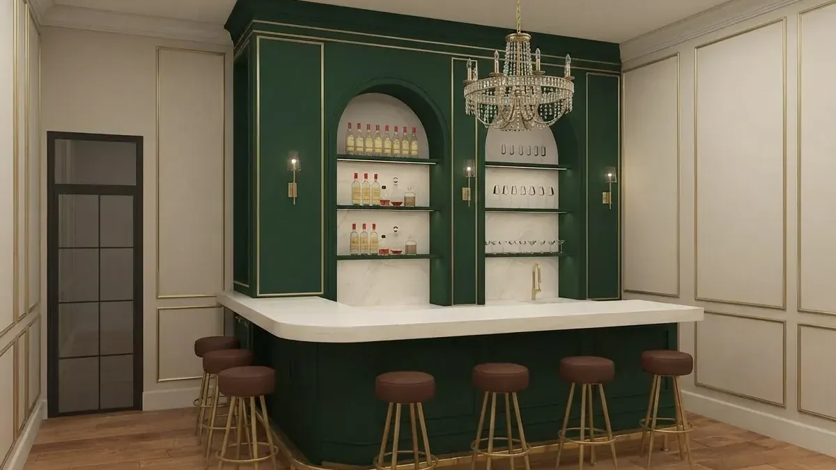 Basement bar with a forest green back bar of two lit arched niches holding bottles and glasses, a curved white counter on a green base with brass trim, leather bar stools and a crystal chandelier