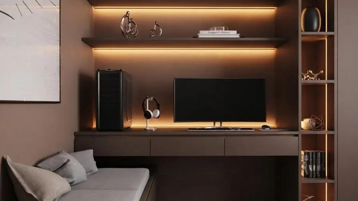 Basement flex room in cocoa brown with a built-in desk and TV niche lit by a warm strip, a tall lit shelf unit with sculptures, and a daybed with gray cushions